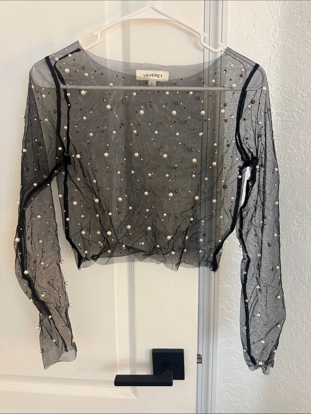 Black Sheer Pearl-Embellished Long Sleeve Top